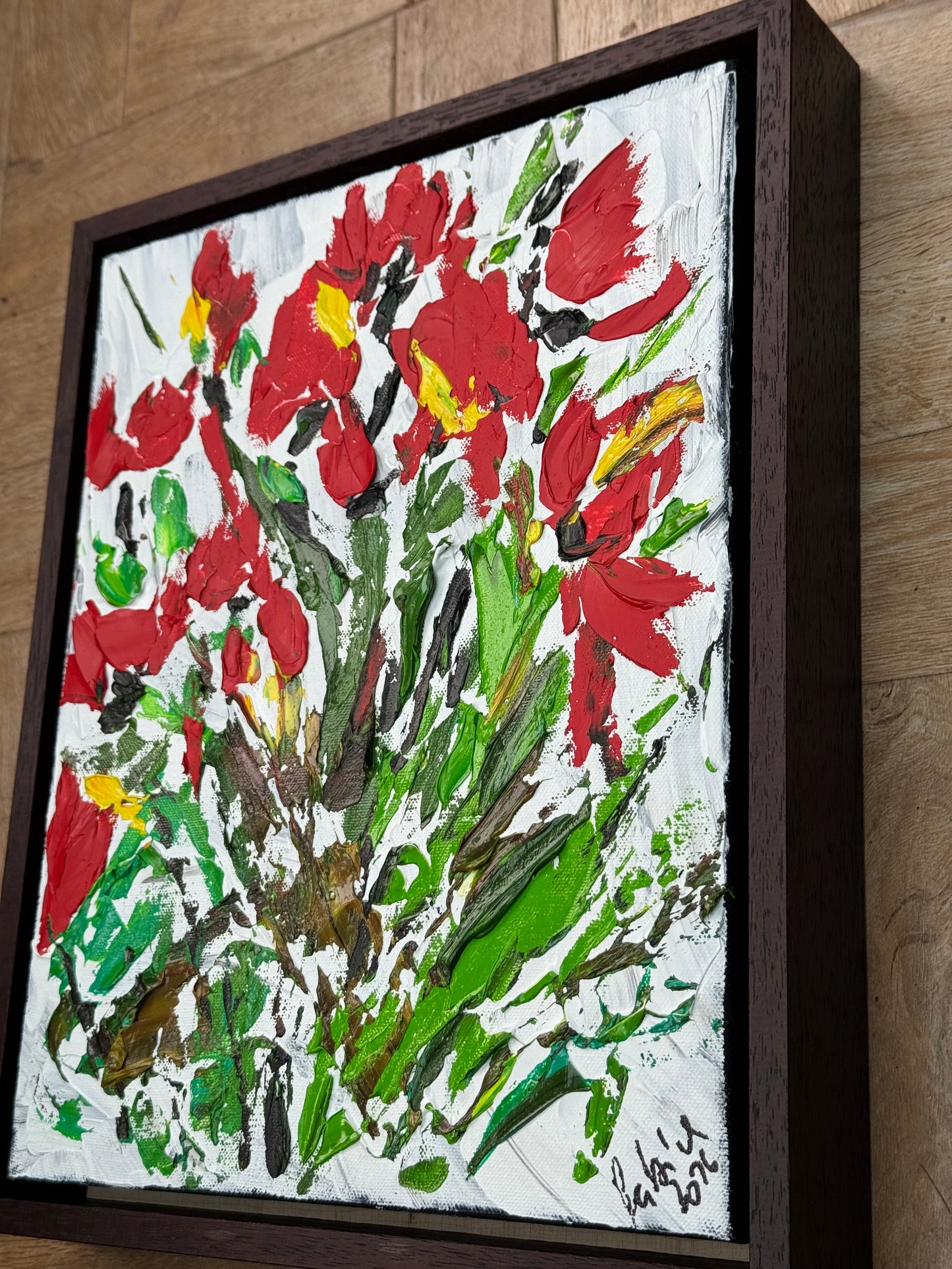 Framed Original Contemporary Abstract Oil Painting On Canvas 38 x 32cm ‘ Red Flowers