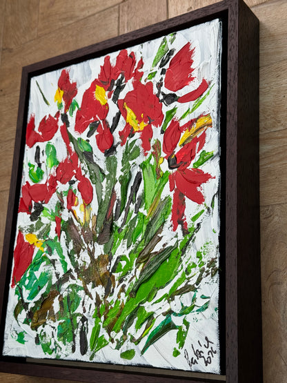 Framed Original Contemporary Abstract Oil Painting On Canvas 38 x 32cm ‘ Red Flowers