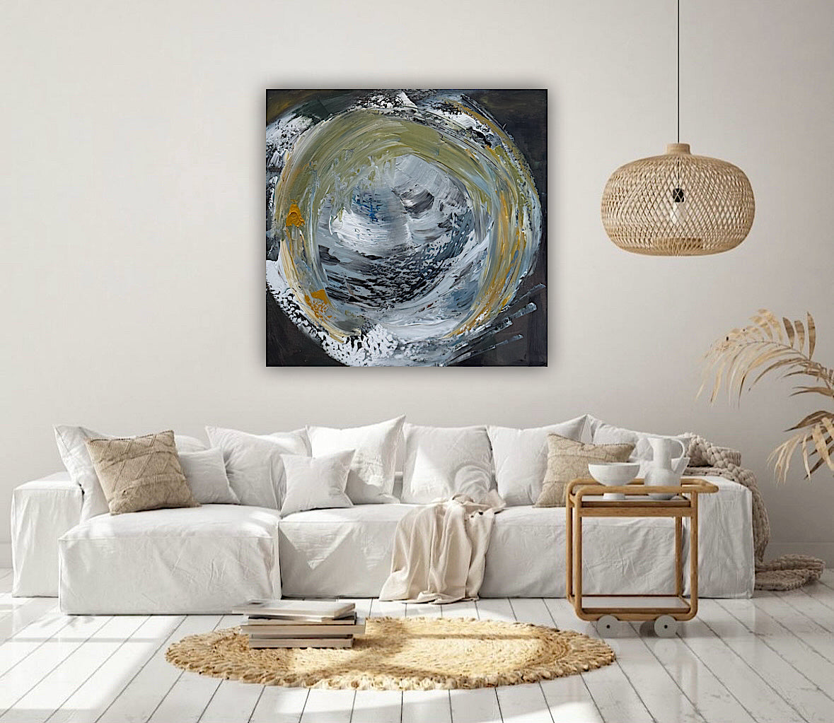 Original Abstract mixed media oil acrylic wax Painting On Canvas 50x50cm Gold & Ash Orbit oka