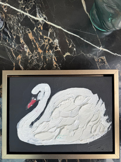 Framed in gold textured Original Contemporary Abstract Oil Painting On Canvas 33x25cm White Swan