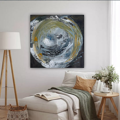 Original Abstract mixed media oil acrylic wax Painting On Canvas 50x50cm Gold & Ash Orbit oka