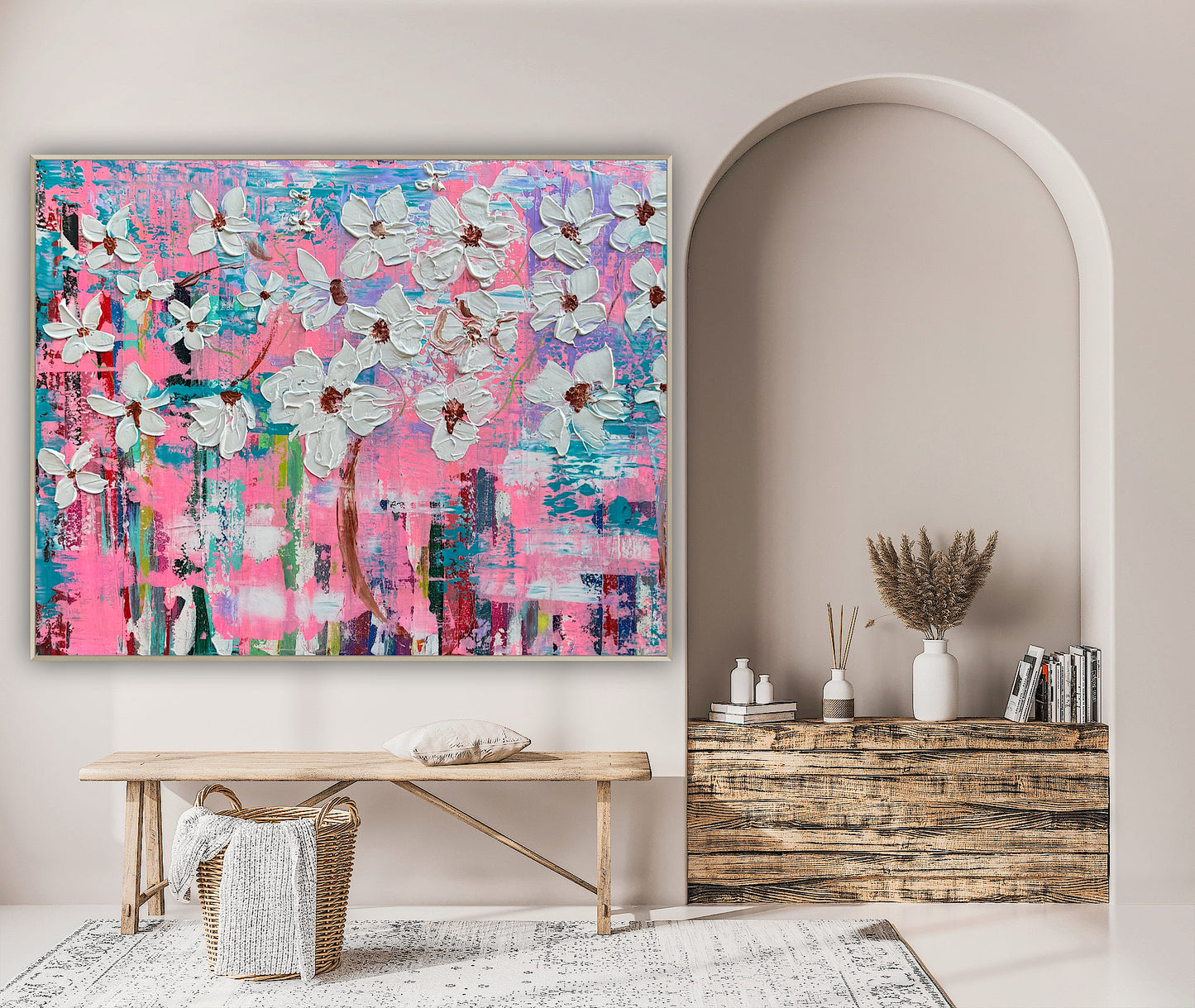 Large Abstract Original Oil Painting On 100x77cm canvas ‘White Flowers ’ vogue oka