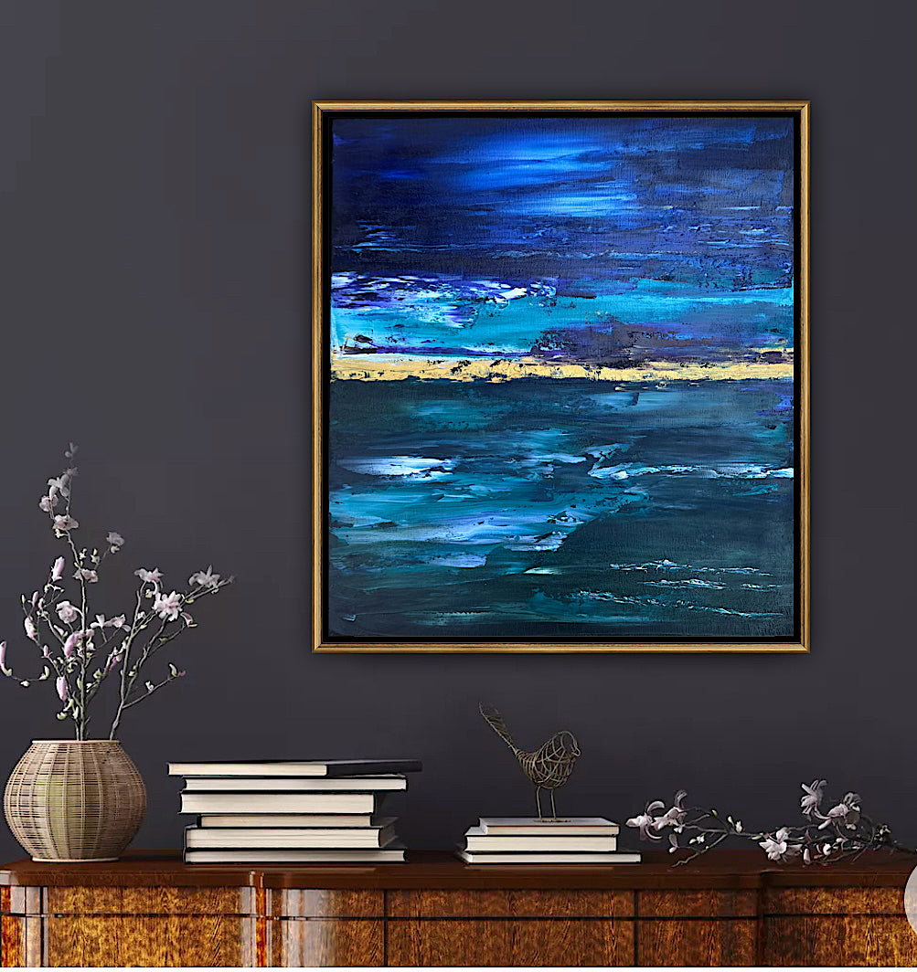 Framed in gold oak frame Original Abstract contemporary Oil Painting On Canvas 55x50cm  textured Oka Night Ocean