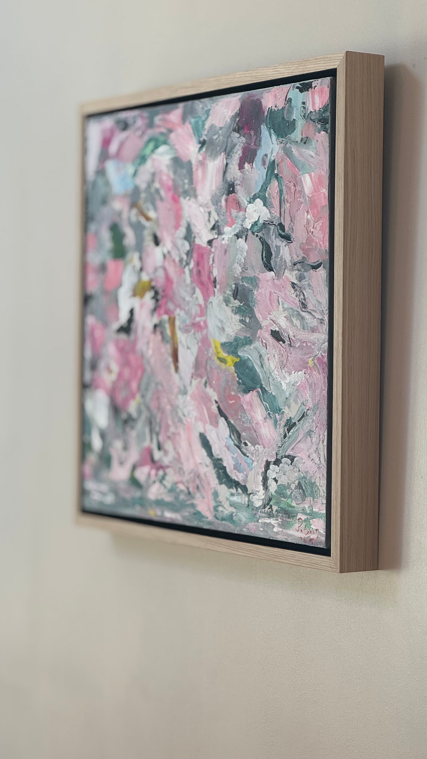 Large Abstract Original Oil Painting On 50x50cm canvas textured Painting ‘Pink Fusion’ Oka framed in solid oak frame