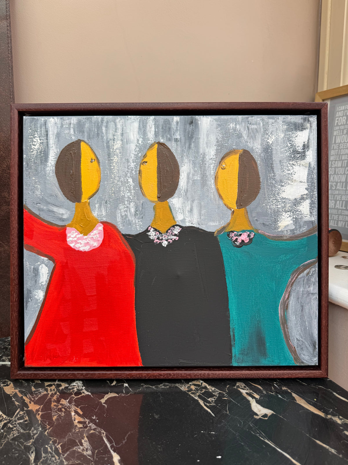 Framed in mahogany textured Original Contemporary Abstract Oil Painting On Canvas 43x37cm Coffee time