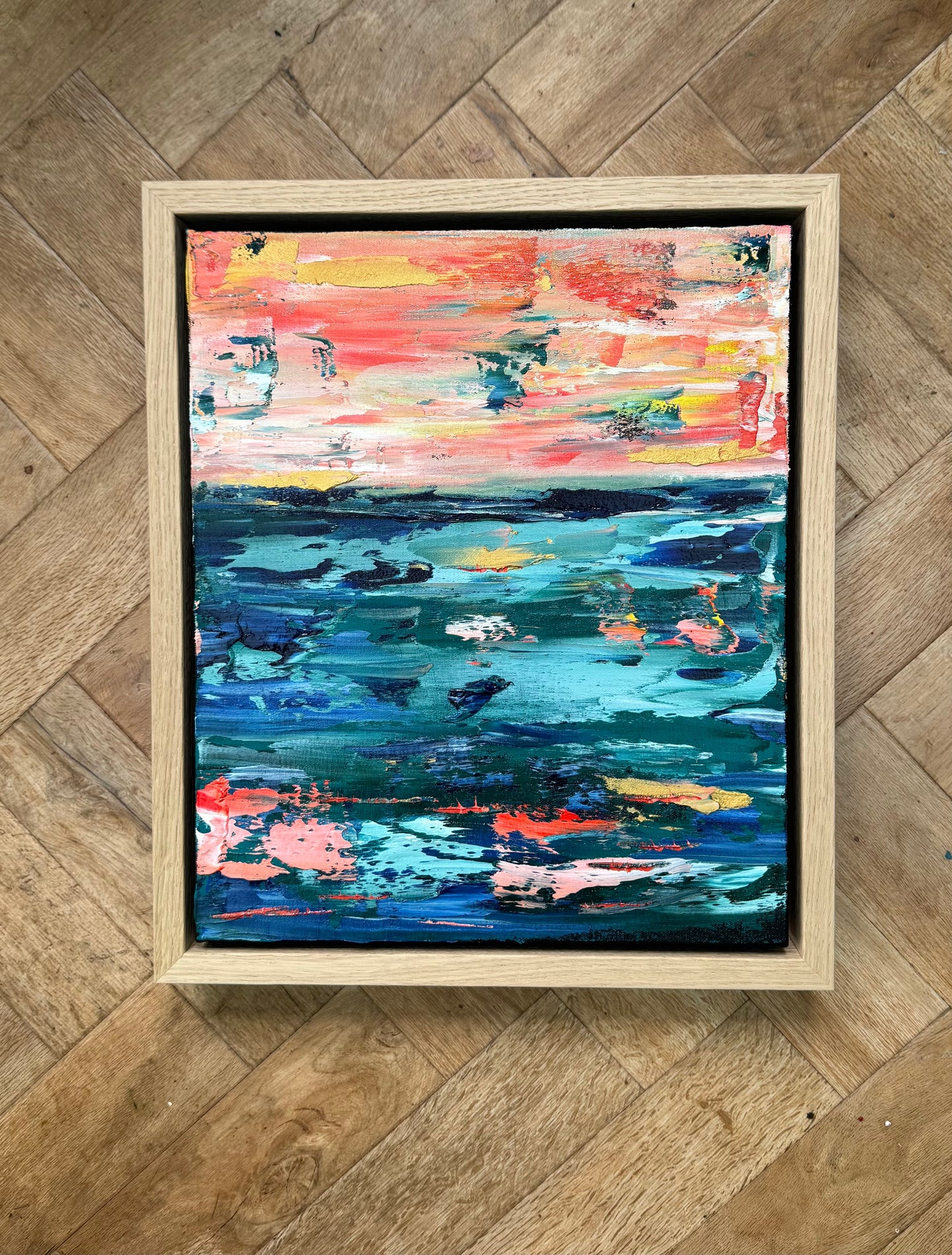 Framed in oak Original Abstract contemporary Oil Painting On Canvas 40x35cm  textured Oka Azure Ember