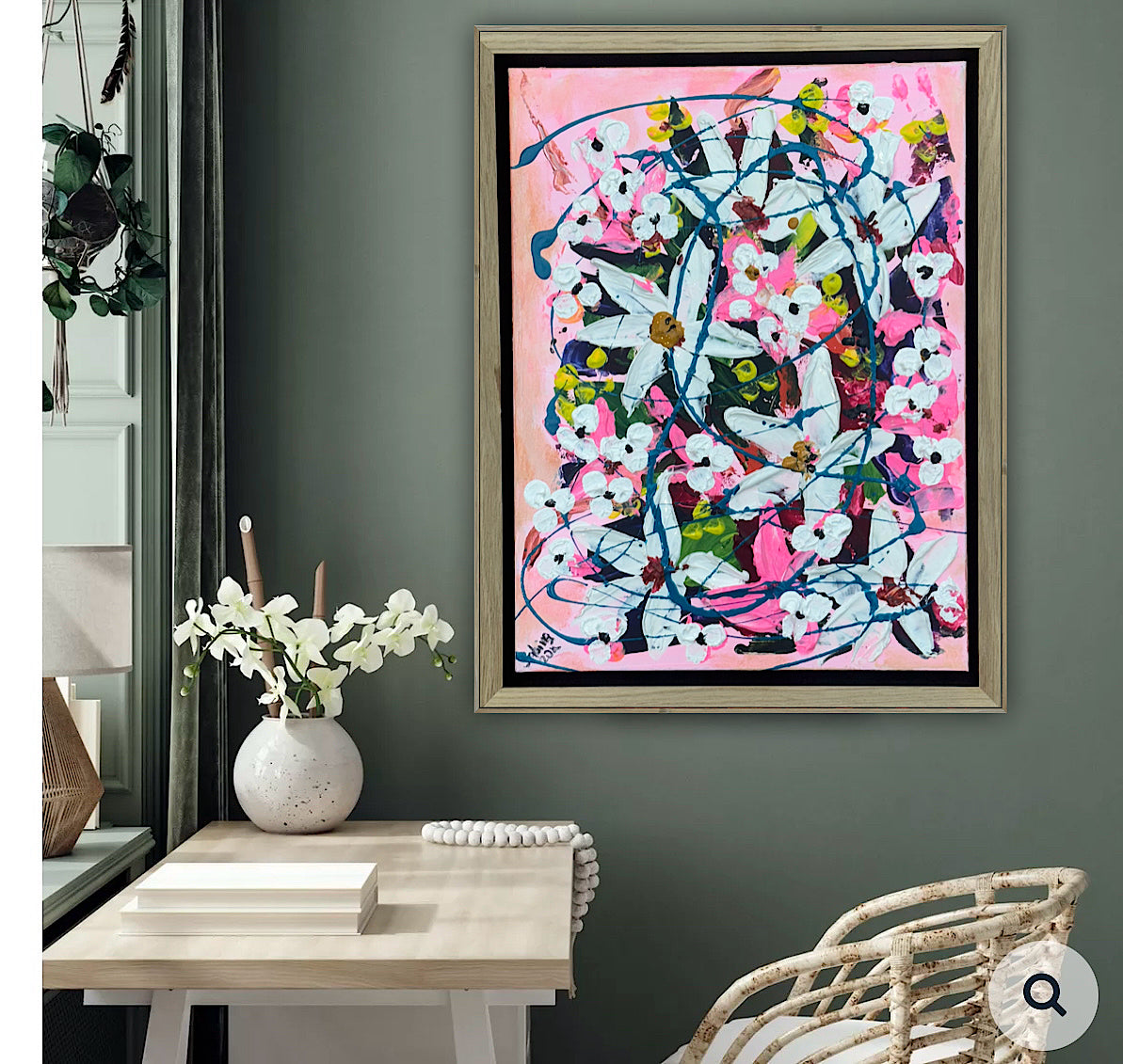Framed Original Abstract contemporary Oil Painting On Canvas 40 x 30cm white Flowers Oka