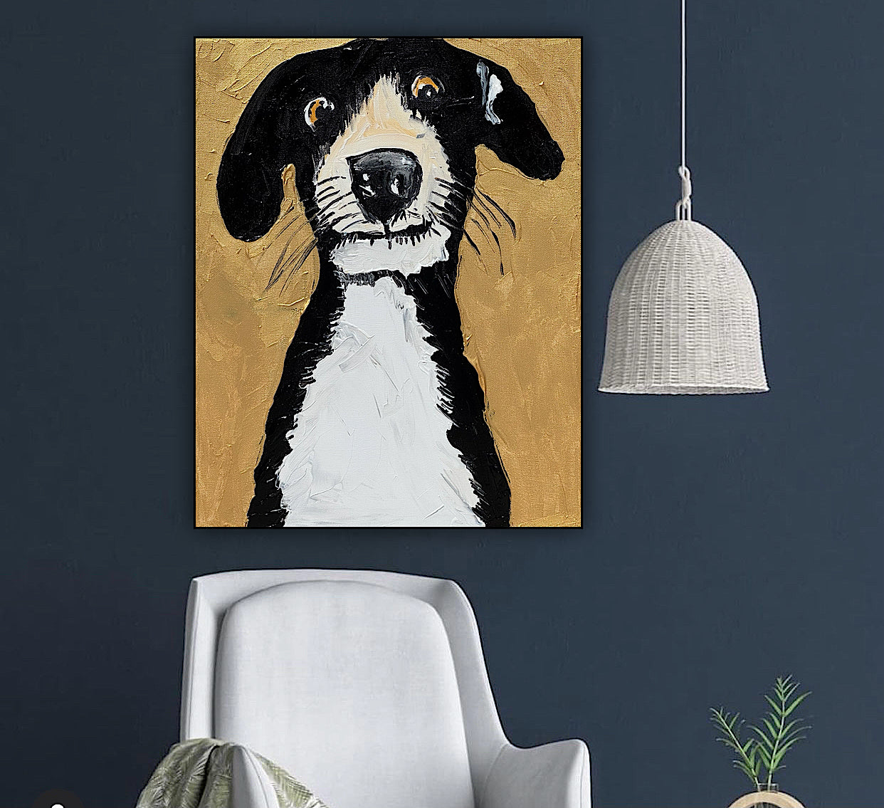 Original Abstract Oil Painting On 50 x 40cm Canvas Gold Background ‘Protector’ Dog