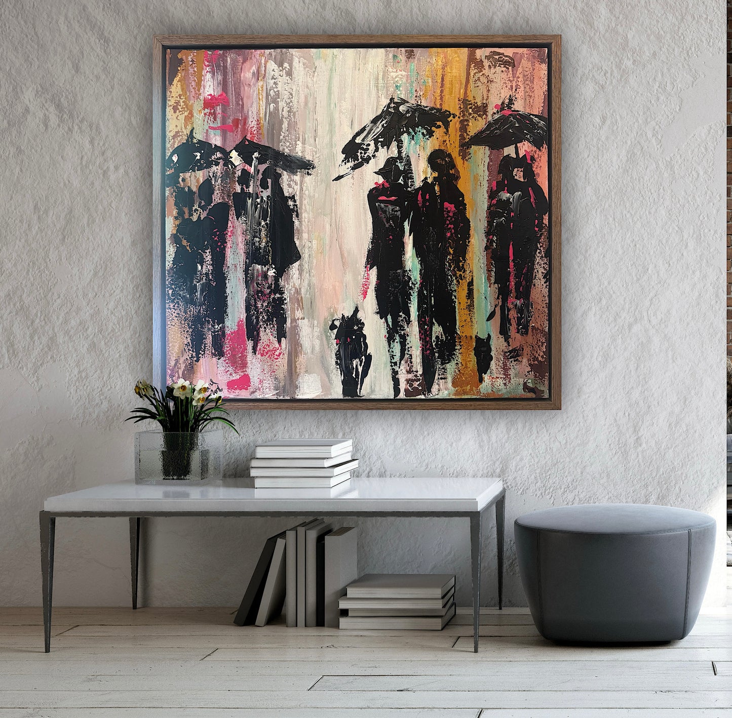 Original Abstract contemporary Oil Painting On Canvas 64cm x 60cm London in the Rain Framed in dark oak