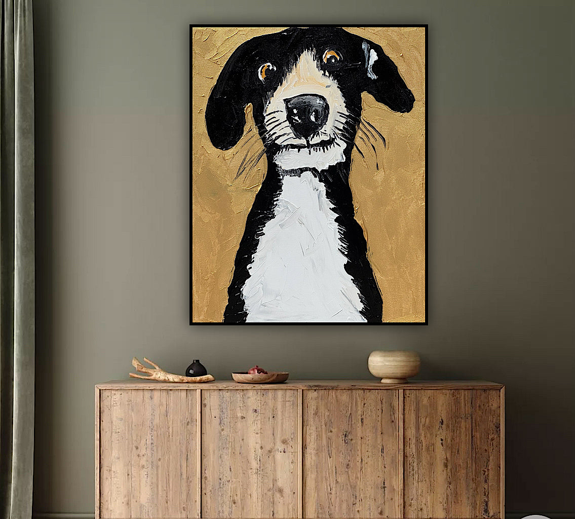 Original Abstract Oil Painting On 50 x 40cm Canvas Gold Background ‘Protector’ Dog