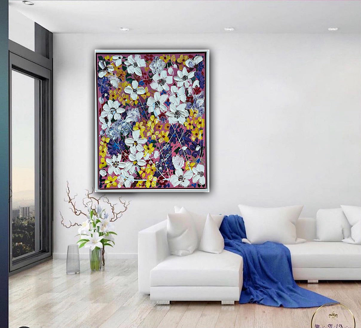 Framed Original Abstract Oil Painting On Canvas 80 x 65cm white flowers in bloom textured framed