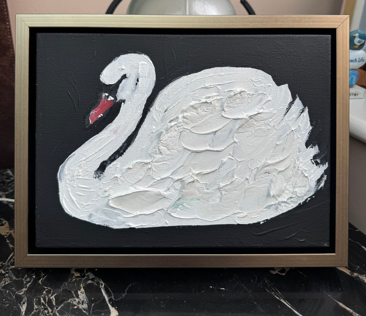 Framed in gold textured Original Contemporary Abstract Oil Painting On Canvas 33x25cm White Swan