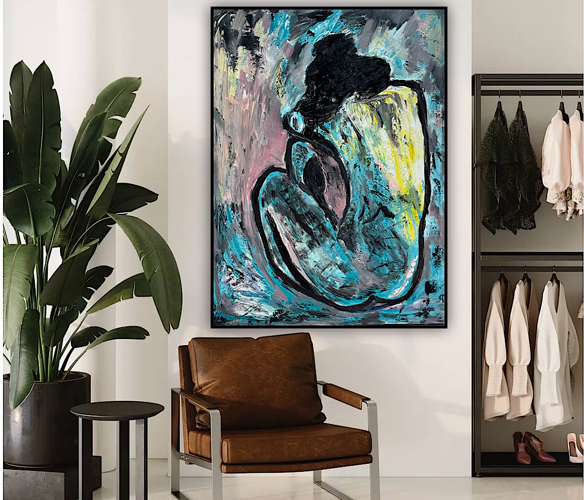 Large Picasso Abstract Style Original Oil Painting 100X76cm Blue Nude available now