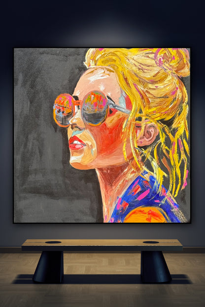 Richter Style Abstract Original Oil Painting On 100 x 100cm canvas Sunshine blondie woman portrait