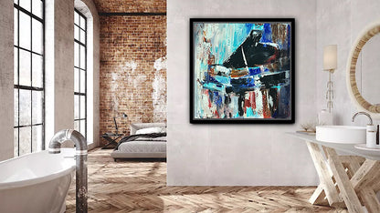 Framed in black Textured Original Abstract Oil Painting On Canvas 55x55cm Black Grand Piano