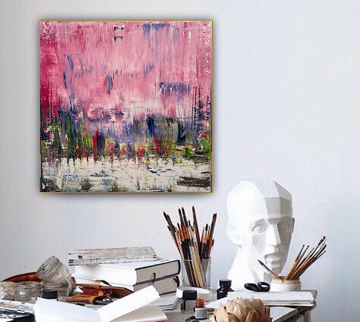 Oka style textured Original modern Abstract Oil Painting On Canvas 80 x 80cm ‘Pink Horizon’