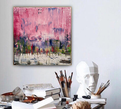 Oka style textured Original modern Abstract Oil Painting On Canvas 80 x 80cm ‘Pink Horizon’