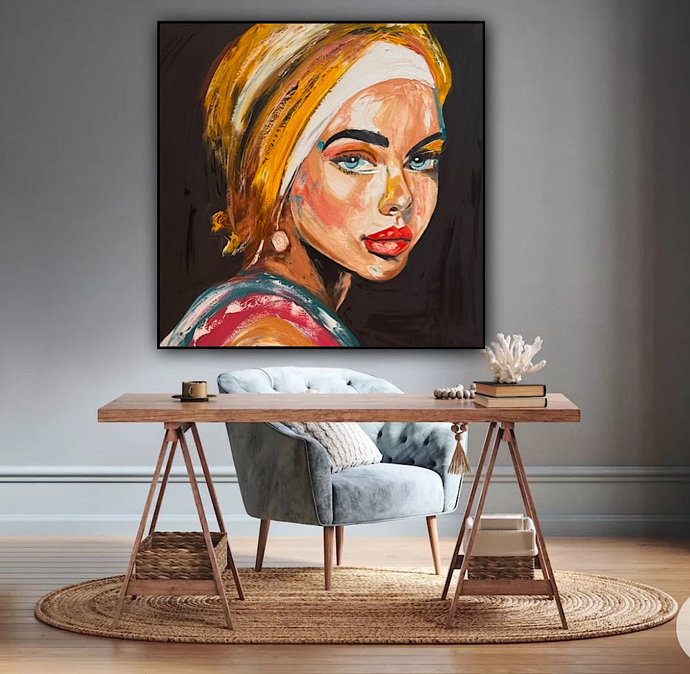 Richter Style Abstract Original Oil Painting On 90 x 90cm canvas Pillow Talk Eyes woman portrait