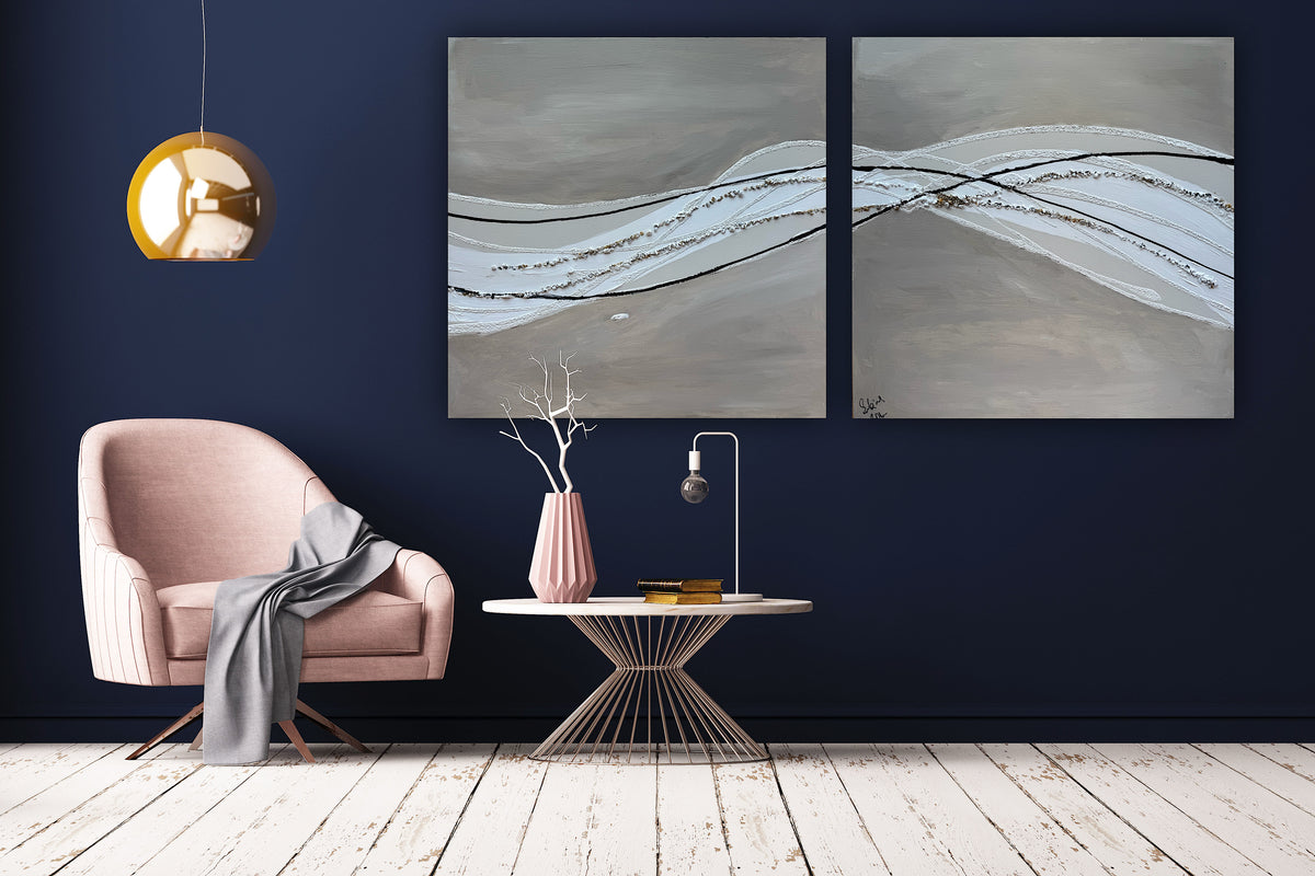 Set of 2 Modern Abstract Original Paintings On Canvas textured ‘Pebbles’  61 x 61cm each