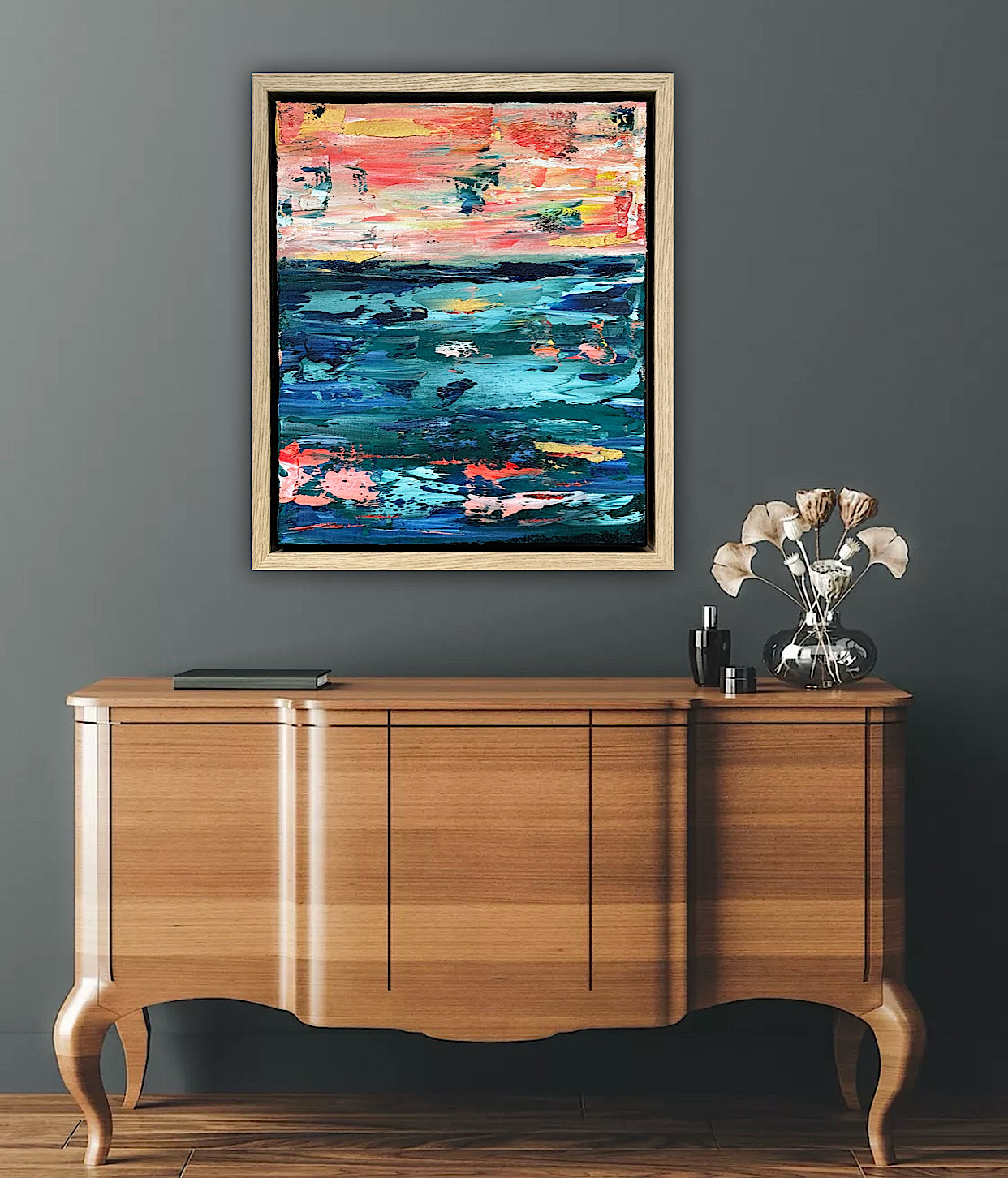 Framed in oak Original Abstract contemporary Oil Painting On Canvas 40x35cm  textured Oka Azure Ember