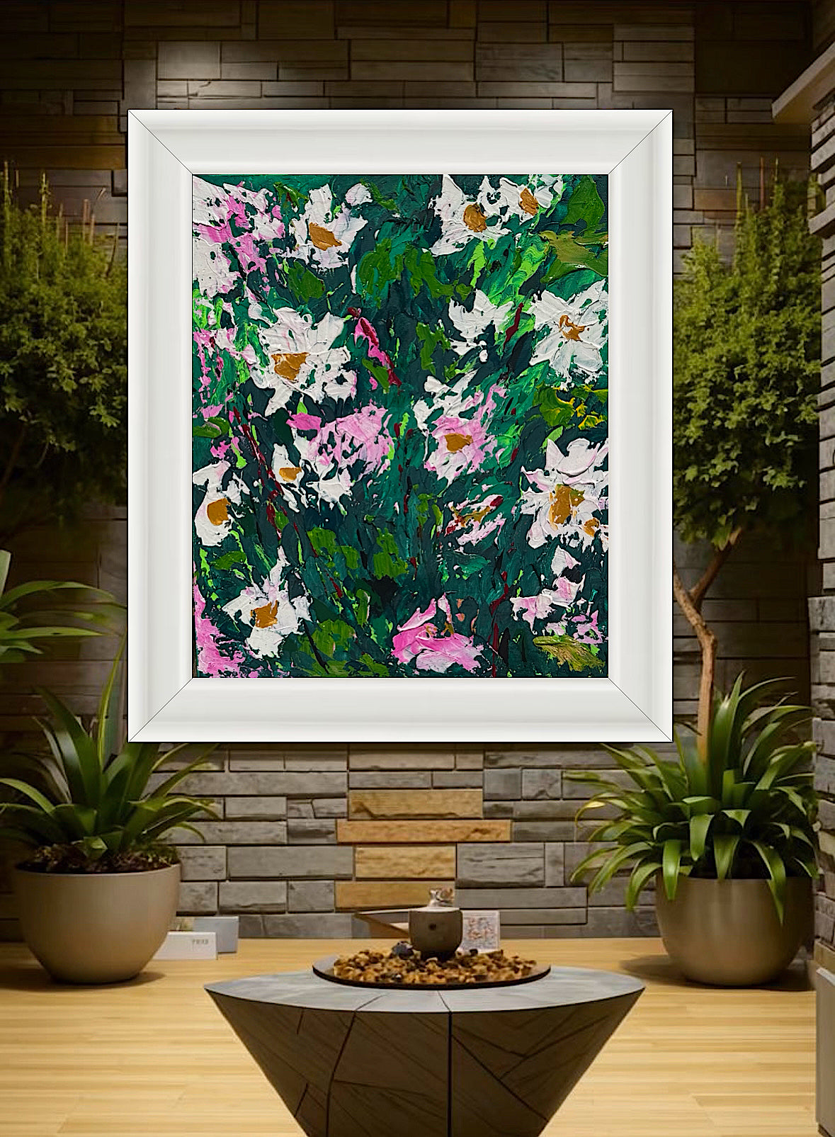 Original Abstract Oil Painting On Canvas board 60 x 50cm garden white flowers II Oka
