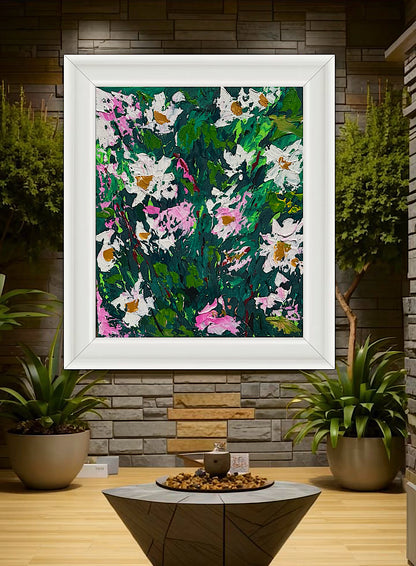 Original Abstract Oil Painting On Canvas board 60 x 50cm garden white flowers II Oka