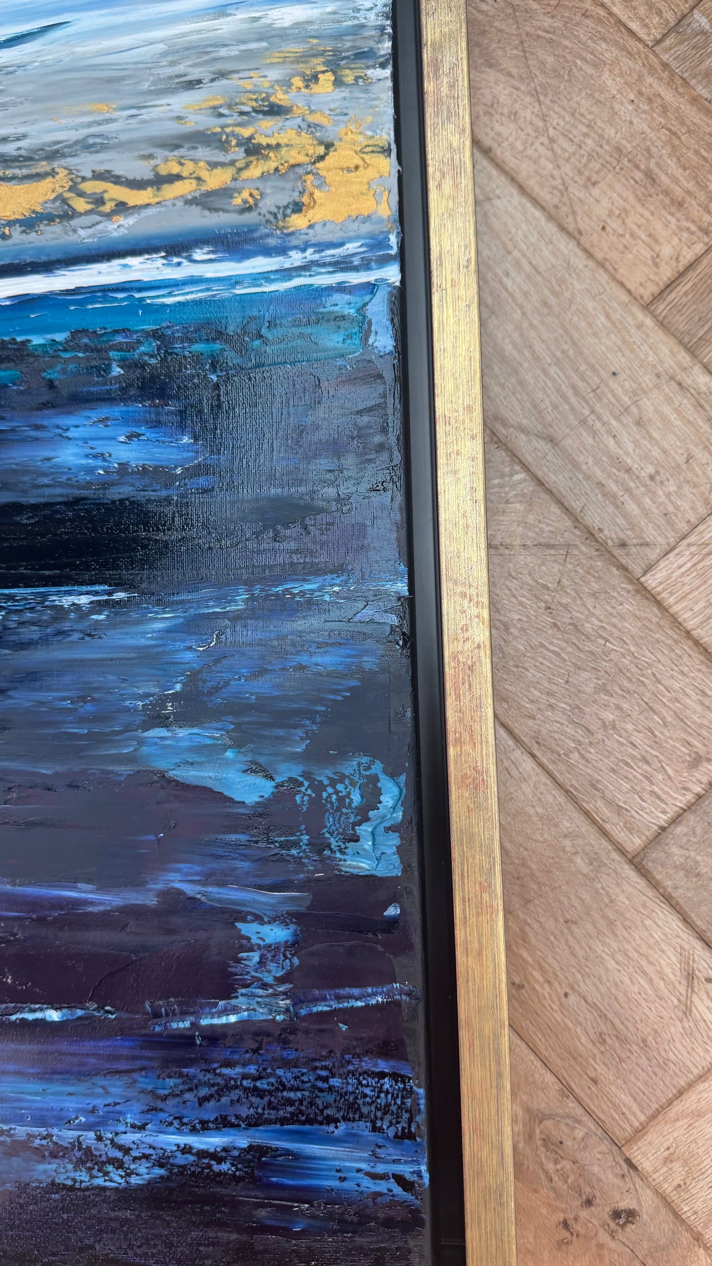 Framed in gold oak frame Original Abstract contemporary Oil Painting On Canvas 77x70cm  textured Oka Coastal Line