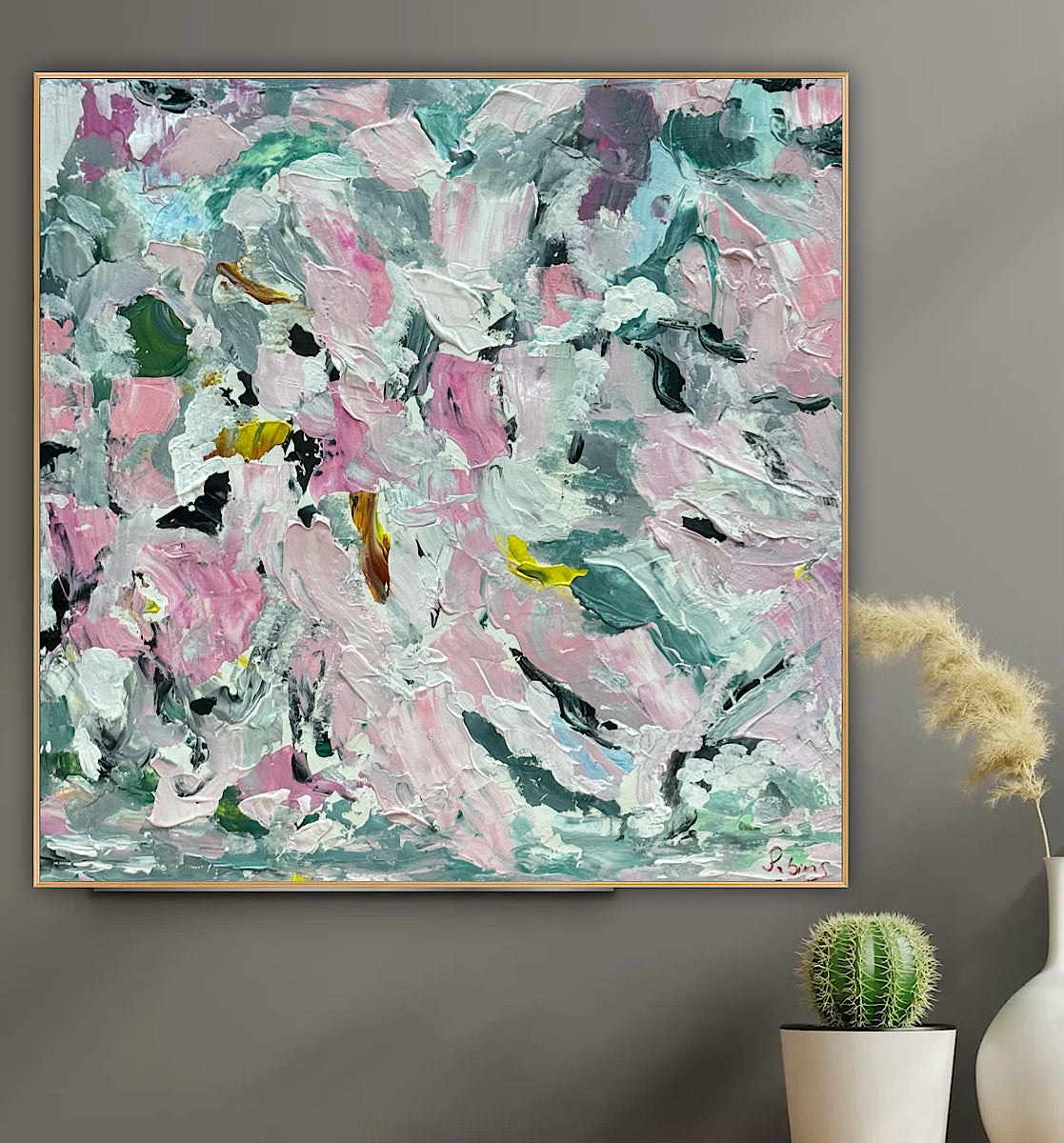 Large Abstract Original Oil Painting On 50x50cm canvas textured Painting ‘Pink Fusion’ Oka framed in solid oak frame