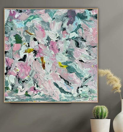 Large Abstract Original Oil Painting On 50x50cm canvas textured Painting ‘Pink Fusion’ Oka framed in solid oak frame
