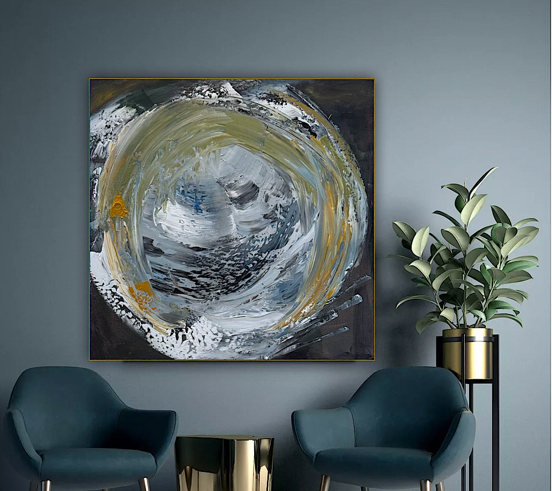 Original Abstract mixed media oil acrylic wax Painting On Canvas 50x50cm Gold & Ash Orbit oka