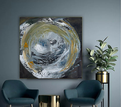 Original Abstract mixed media oil acrylic wax Painting On Canvas 50x50cm Gold & Ash Orbit oka