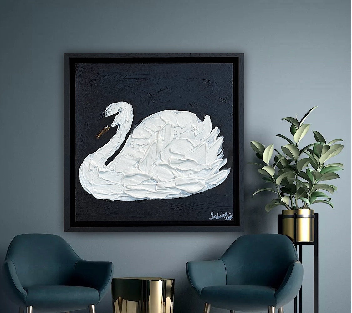 Framed Original Abstract contemporary Oil Painting On Canvas 30x30cm Swan Nocturne oka