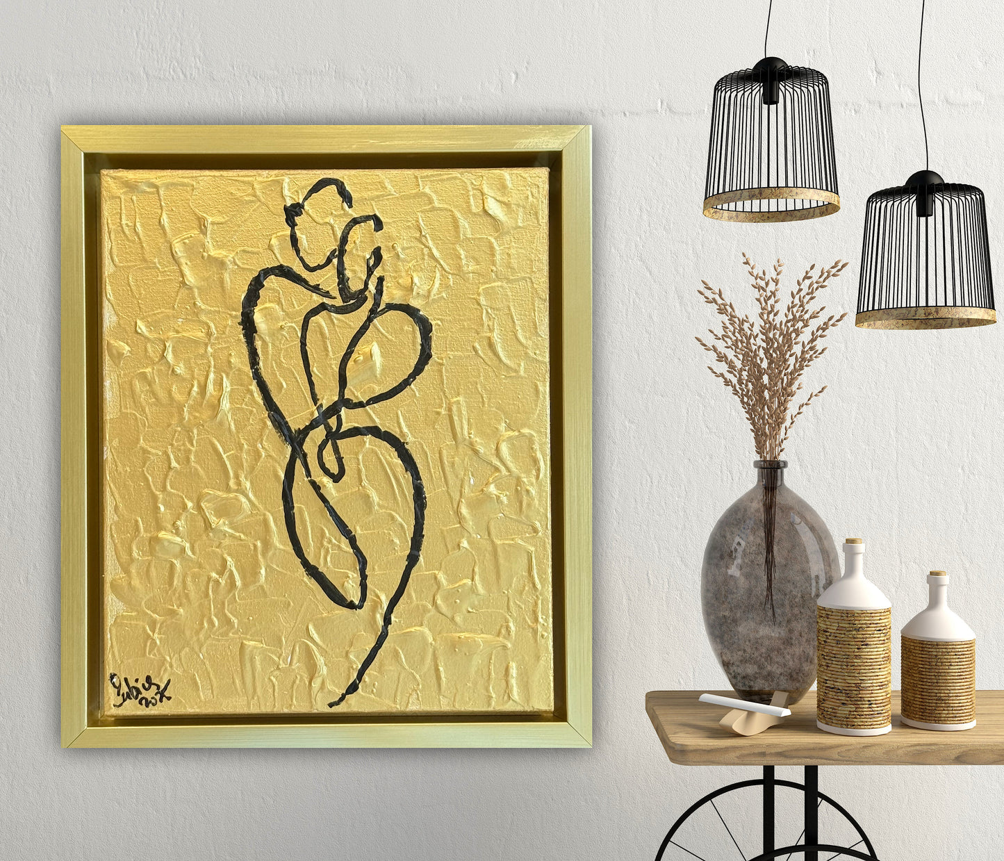 Framed in gold Original Abstract contemporary Oil Painting On Canvas 25 x 29cm Lovers Oka