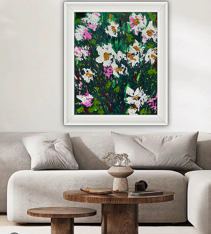 Original Abstract Oil Painting On Canvas board 60 x 50cm garden white flowers I Oka