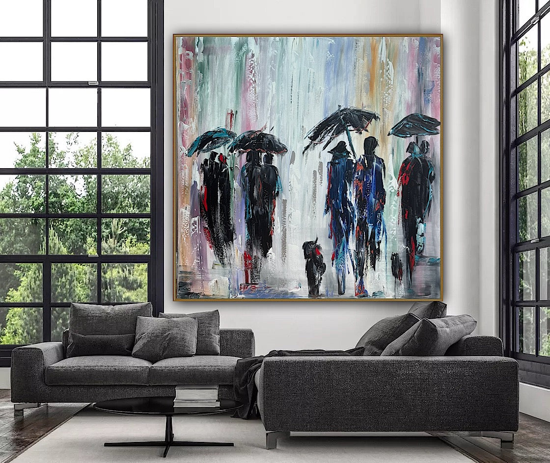 Richter Original Abstract Oil Painting 100x100cm On  4.2cm Canvas London Rain II