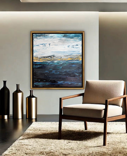 Framed in gold oak frame Original Abstract contemporary Oil Painting On Canvas 77x70cm  textured Oka Coastal Line