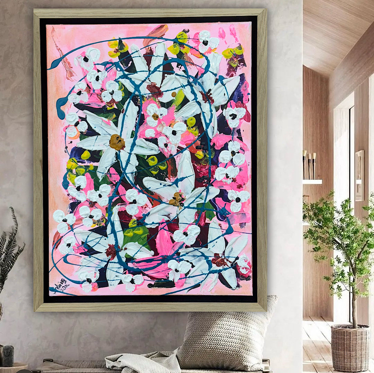 Framed Original Abstract contemporary Oil Painting On Canvas 40 x 30cm white Flowers Oka