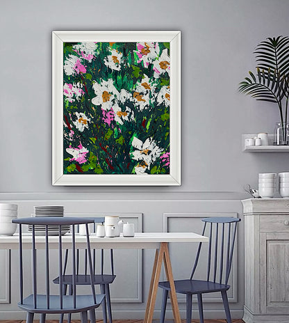 Original Abstract Oil Painting On Canvas board 60 x 50cm garden white flowers I Oka