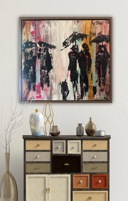 Original Abstract contemporary Oil Painting On Canvas 64cm x 60cm London in the Rain Framed in dark oak