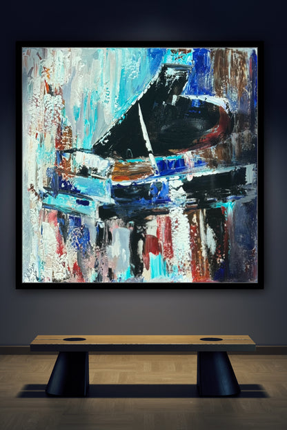 Framed in black Textured Original Abstract Oil Painting On Canvas 55x55cm Black Grand Piano