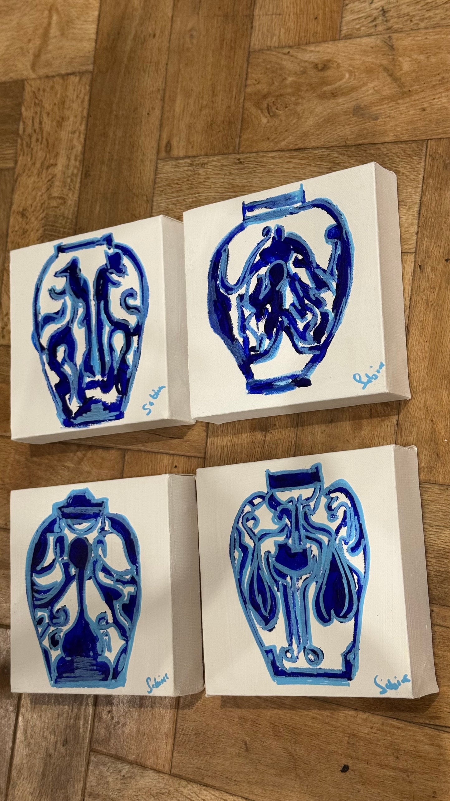 Oka set of 4 Modern Abstract Original Oil Paintings On Canvas Blue vases 15x15cm each