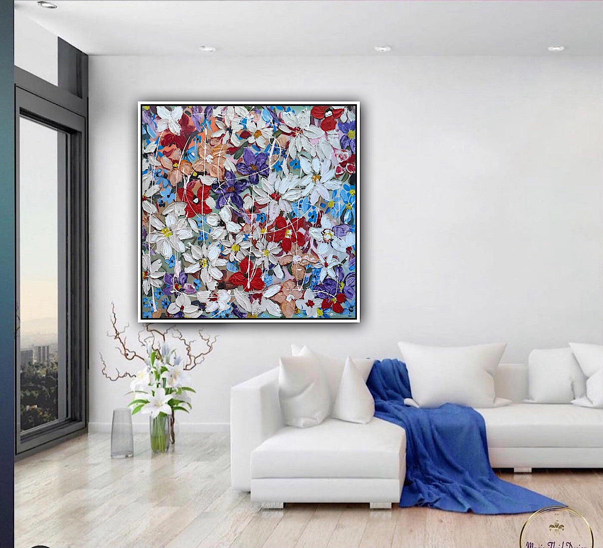 Framed Original Abstract Oil Painting On Canvas 80x80cm Roses & more Flowers Textured