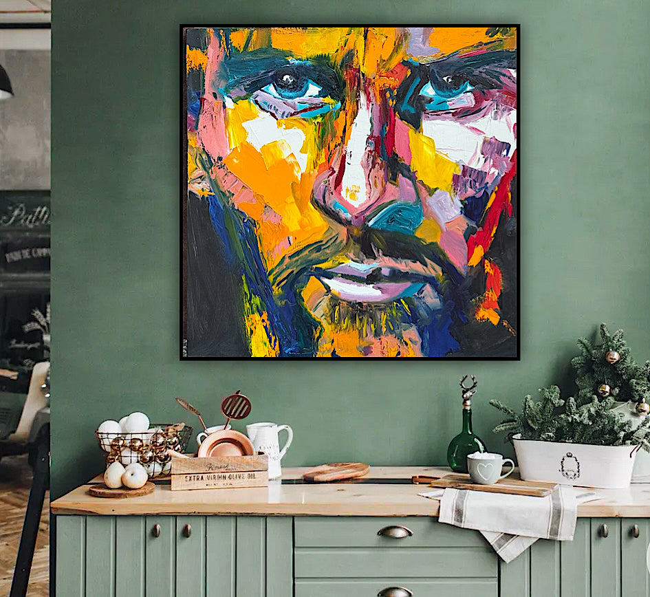 Original Abstract mixed media oil Painting On Canvas 50x50cm male portrait ‘Alejandro’ oka