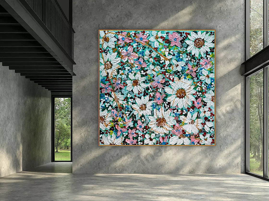 Original Abstract Oil Painting On deep edge Canvas 100x100cm Daisies & more Flowers Textured