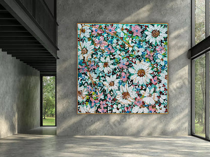 Original Abstract Oil Painting On deep edge Canvas 100x100cm Daisies & more Flowers Textured