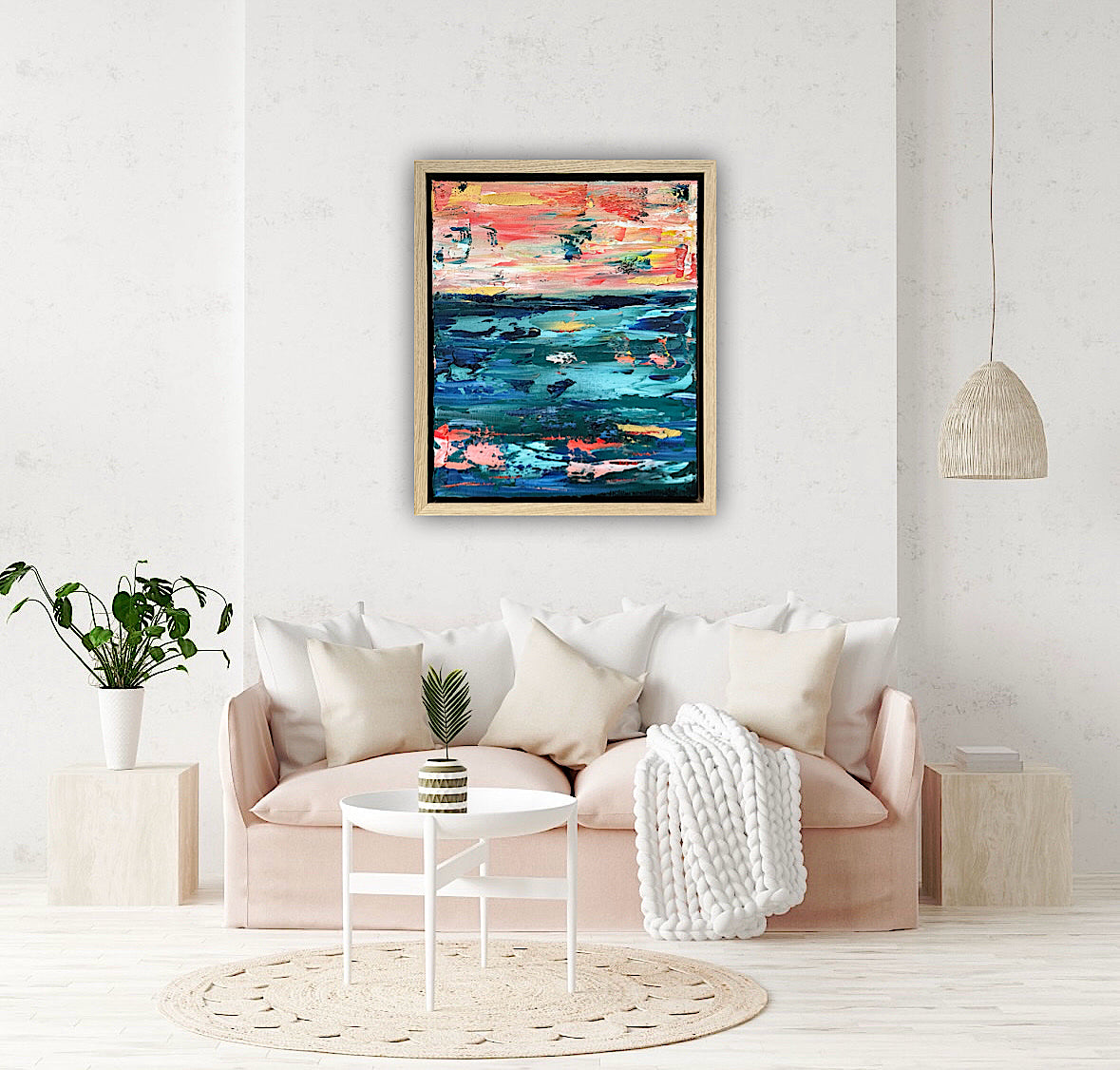 Framed in oak Original Abstract contemporary Oil Painting On Canvas 40x35cm  textured Oka Azure Ember