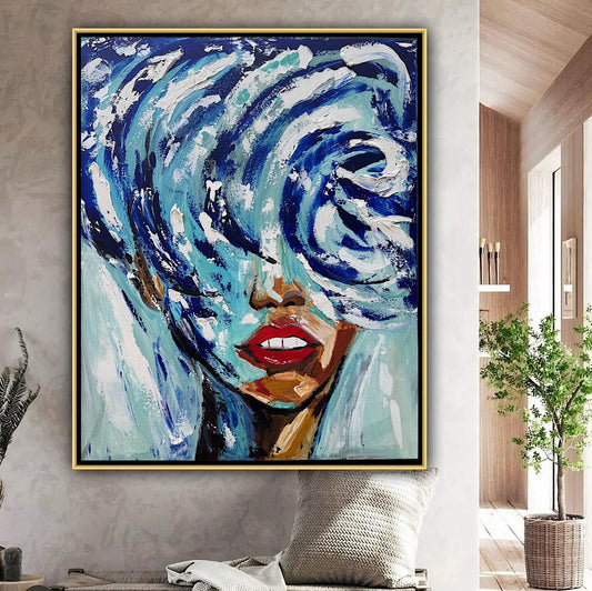 Large Abstract Original Oil Painting On 80x70cm canvas Waves Woman texture Vogue portrait framed in gold bespoke frame