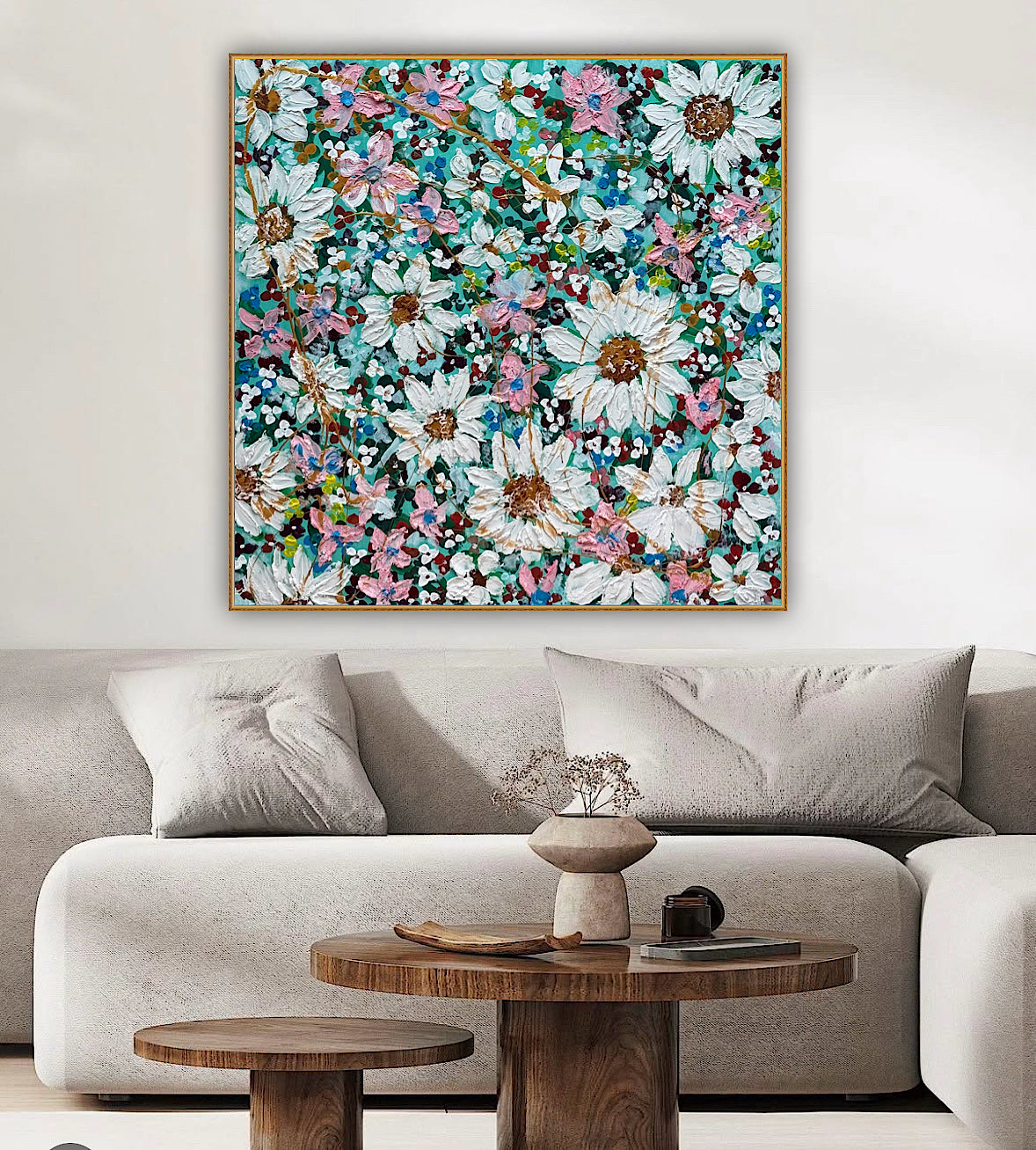 Original Abstract Oil Painting On deep edge Canvas 100x100cm Daisies & more Flowers Textured