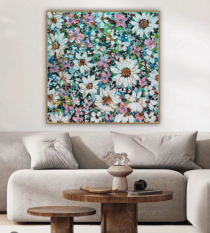 Original Abstract Oil Painting On deep edge Canvas 100x100cm Daisies & more Flowers Textured