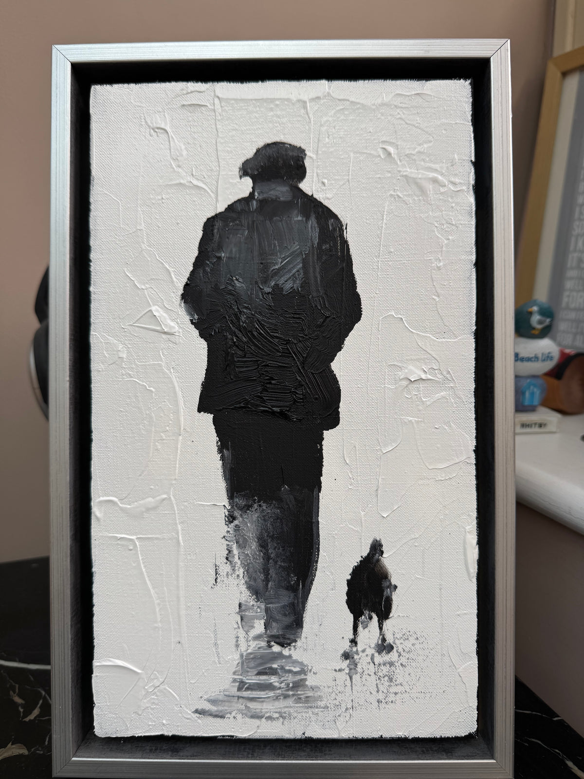 Framed in silver textured Original Contemporary Abstract Oil Painting On Canvas 22x35cm Pals (man and his dog)